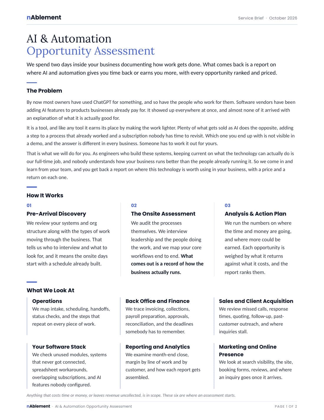 Page 1 of the AI & Automation Opportunity Assessment service brief