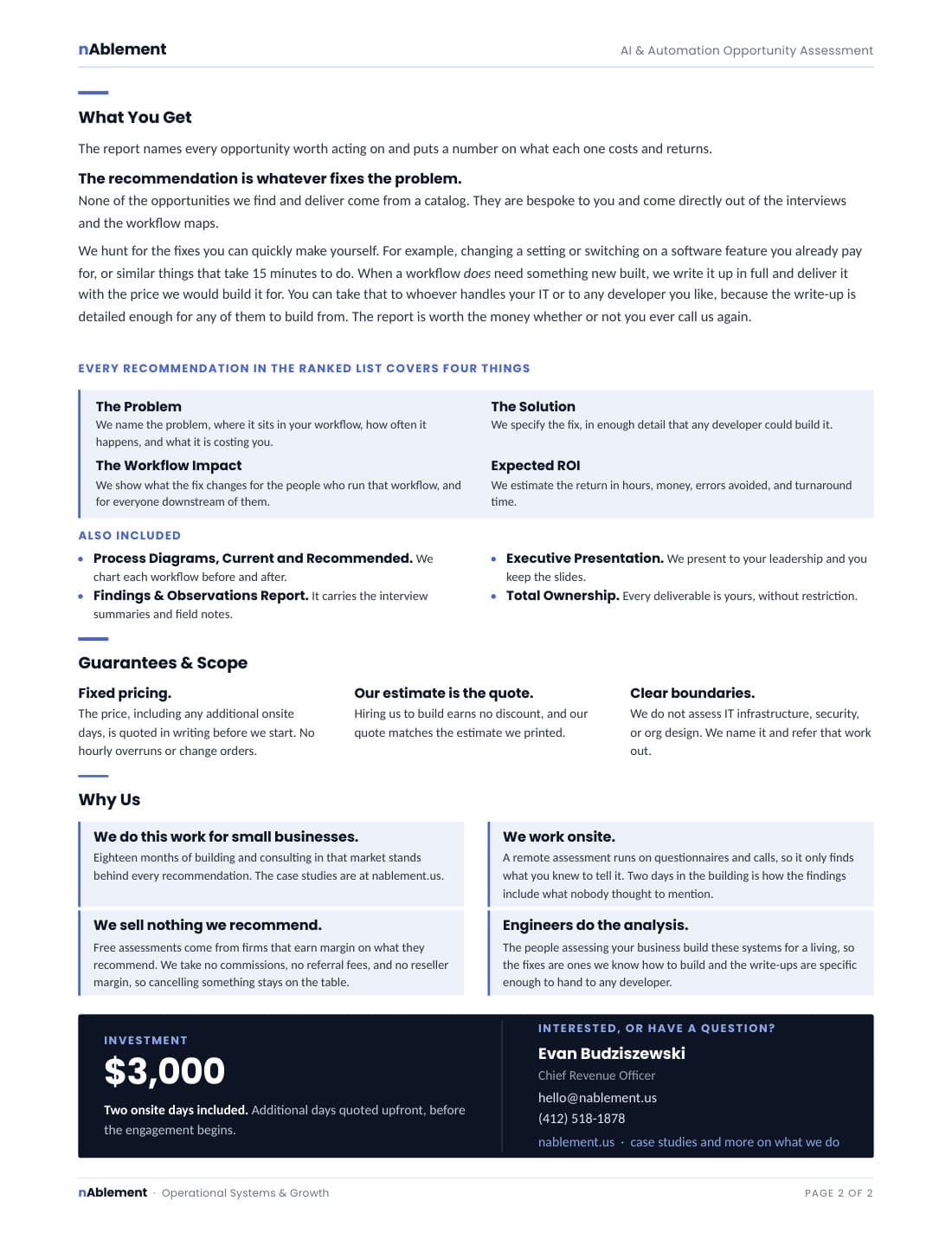Page 2 of the AI & Automation Opportunity Assessment service brief