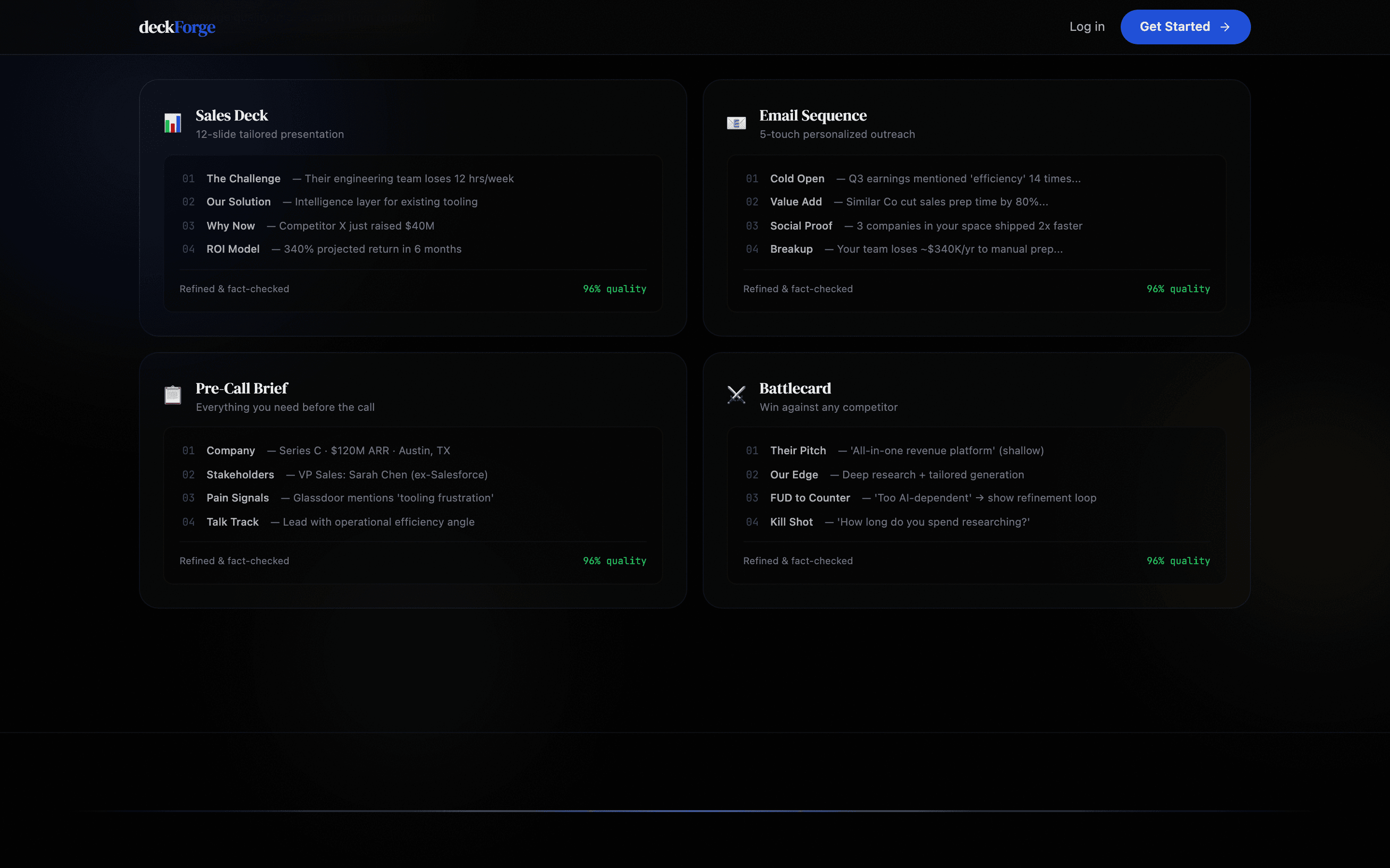 DeckForge tailored deliverables: sales deck, email sequence, pre-call brief, battlecard